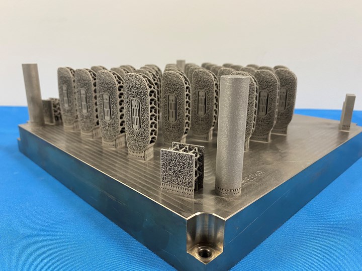 3D printed spinal implants and test specimens on a build plate